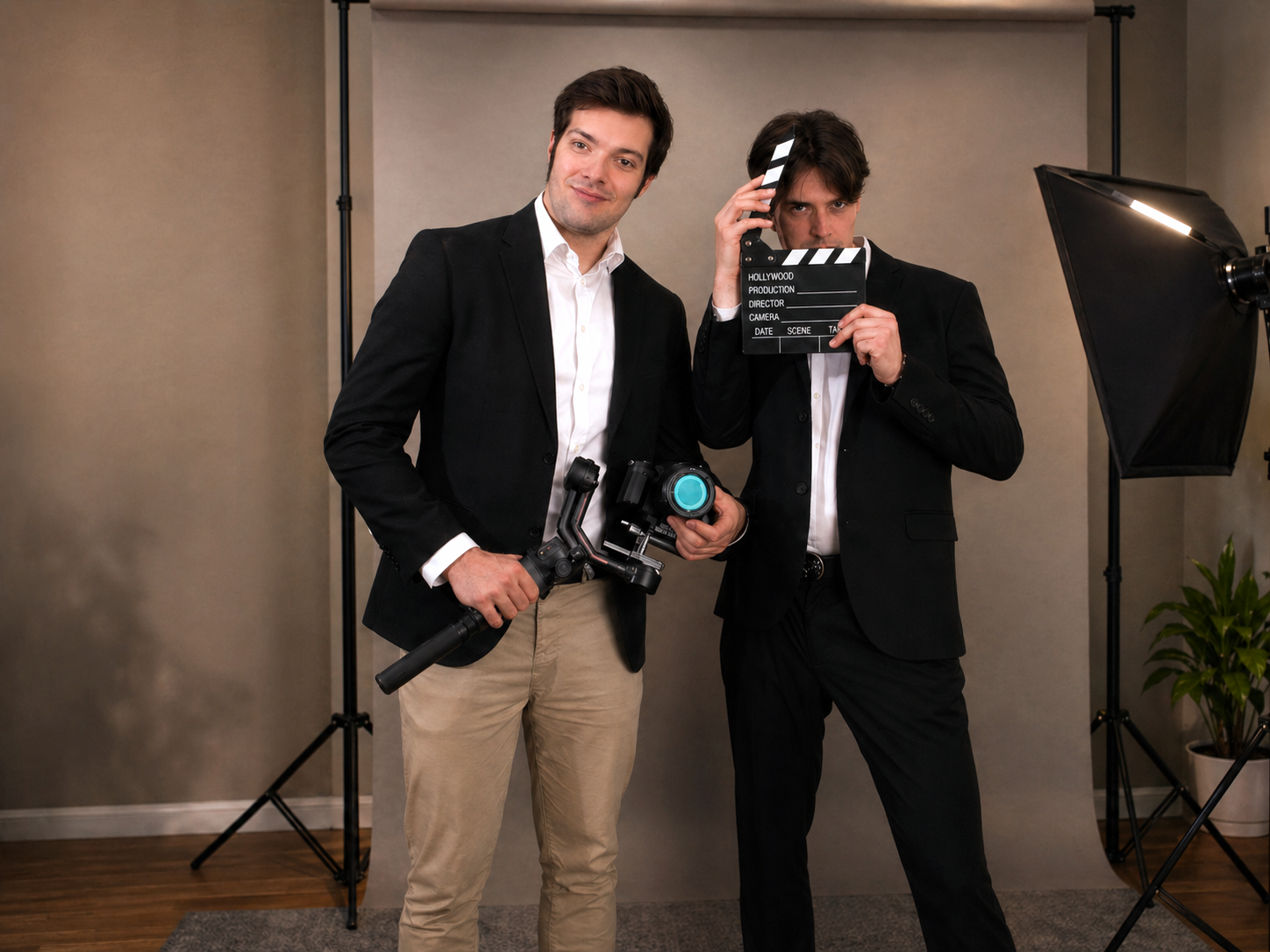 Velos creatief team met camera en clapperboard in studio