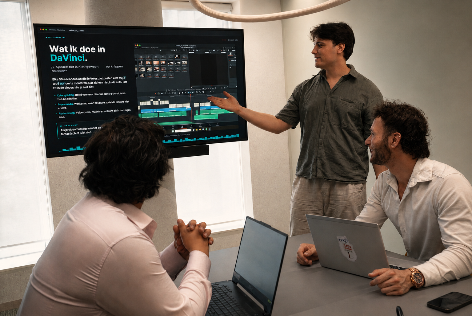 Dominic presenteert de edit in DaVinci Resolve aan Sean en Ris