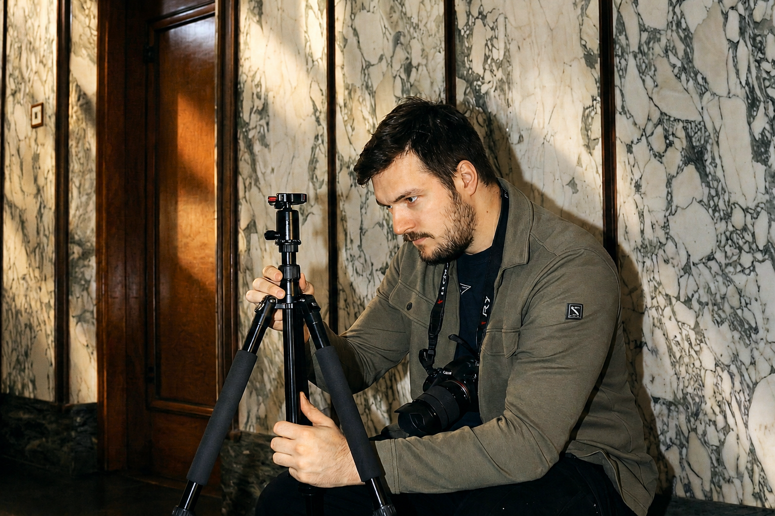 Floris met camera op statief tijdens een shoot