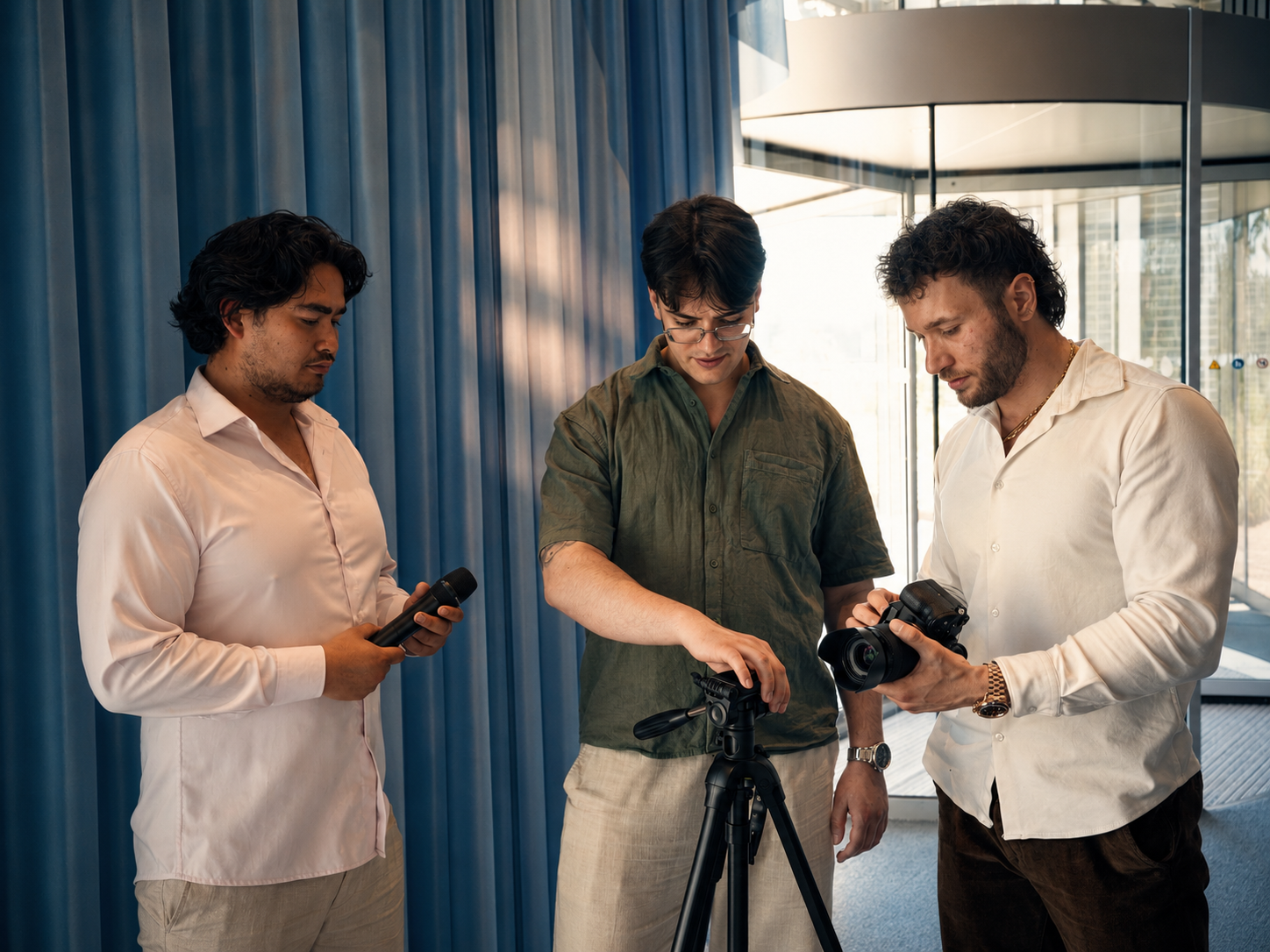 Sean, Dominic en Ris van Velos Marketing tijdens cinematic videoproductie BTS op locatie