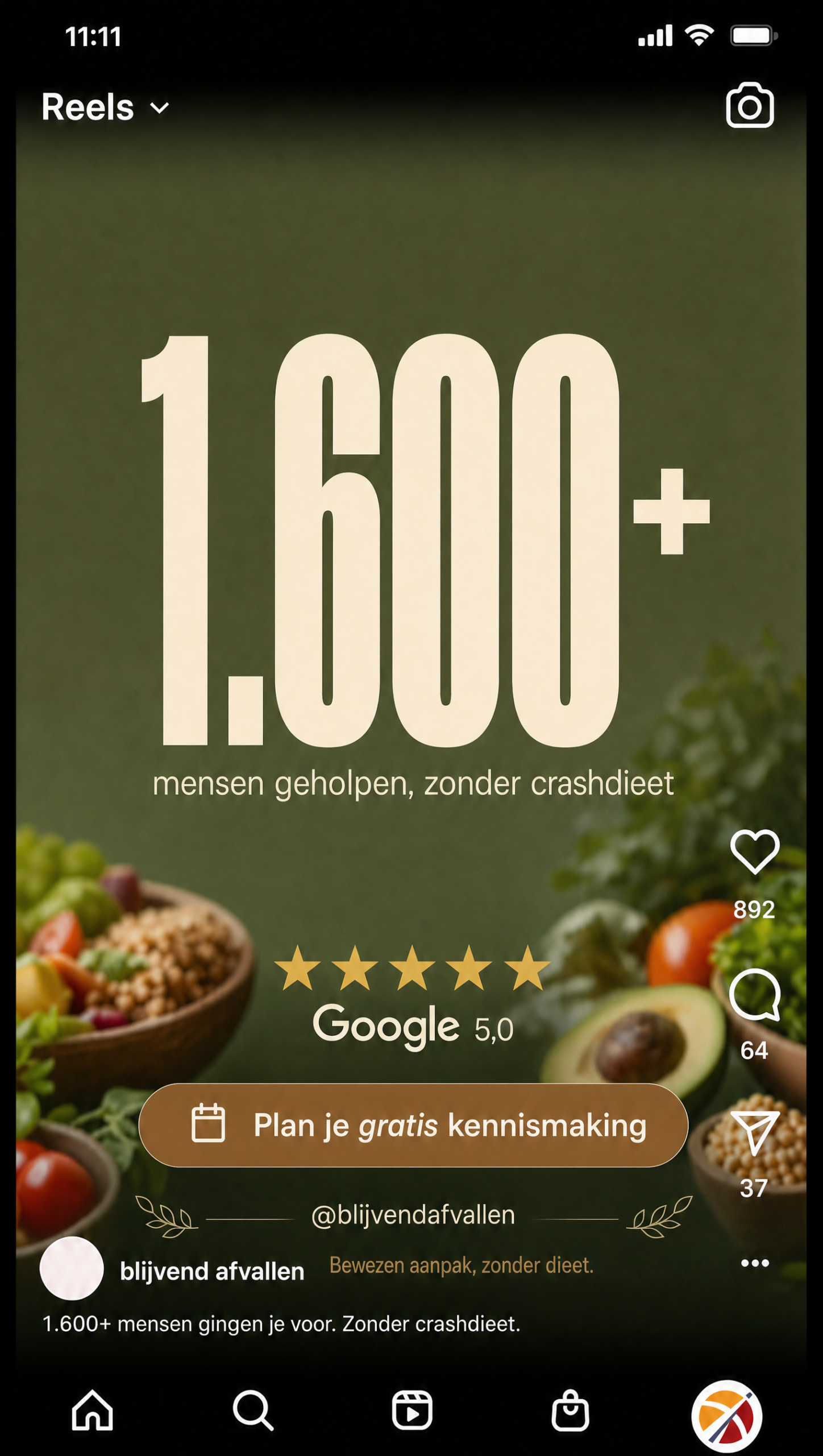 Blijvend Afvallen 1.600 klanten review advertentie in Instagram mockup