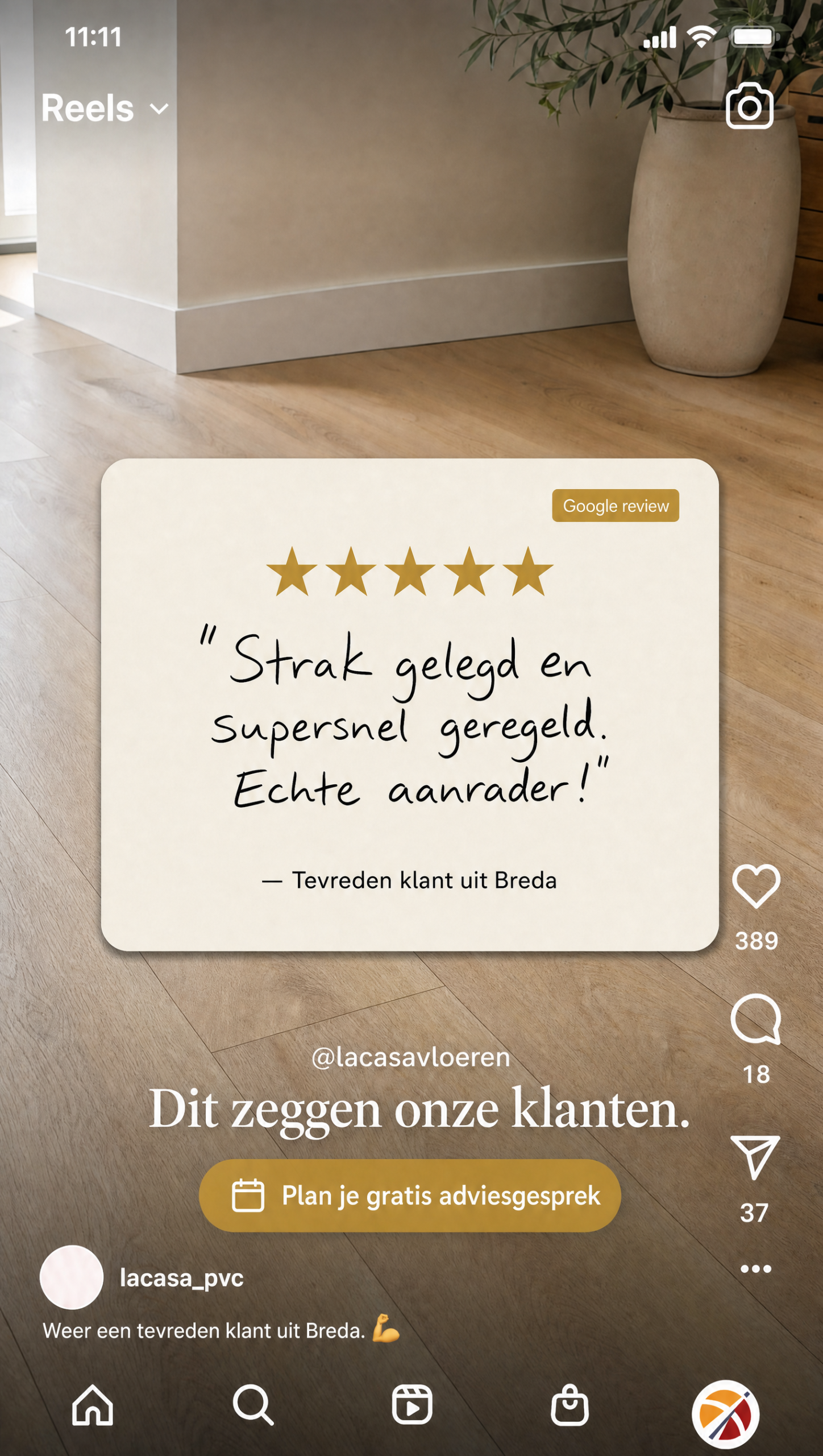 La Casa Vloeren vijfsterrenreview advertentie in Instagram mockup
